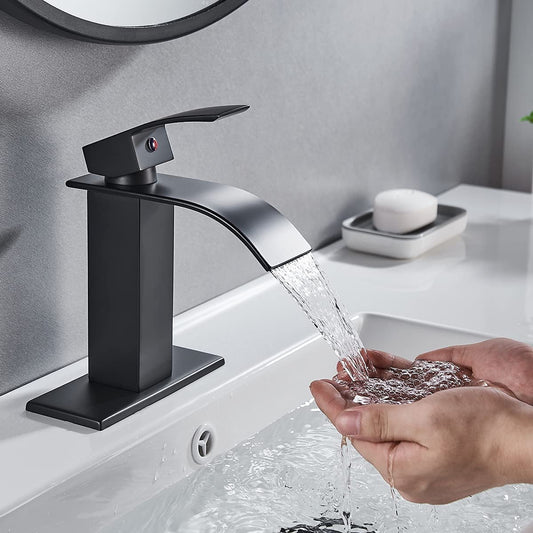 1 Pcs Matte Black Elegance: Waterfall Spout Bathroom Faucet for Refined Spaces