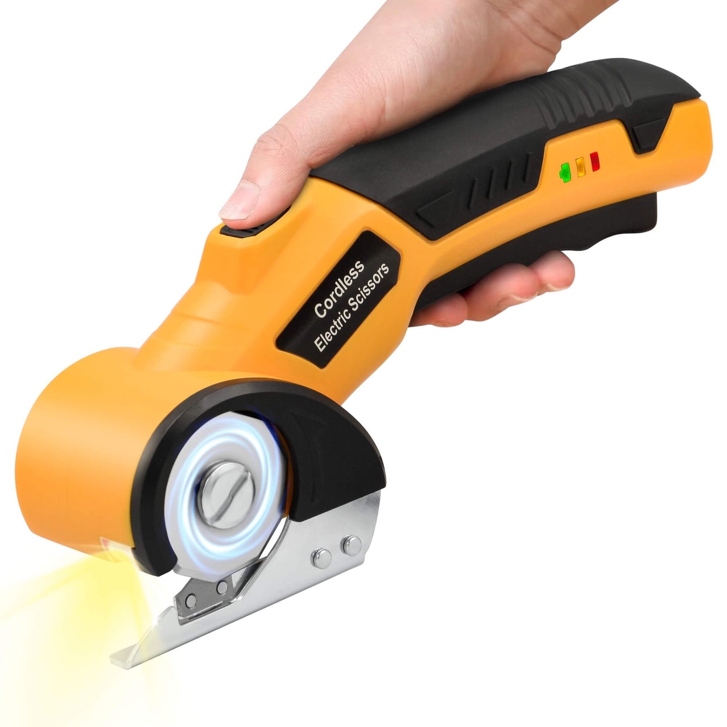Tidymend Cordless Electric Scissors, 4V Rechargeable Cardboard Cutter with LED Light ＆ Replacement Blade, Rotary Cutter with Safety Lock for Fabric Carpet Leather Plastic Cutting (Yellow)
