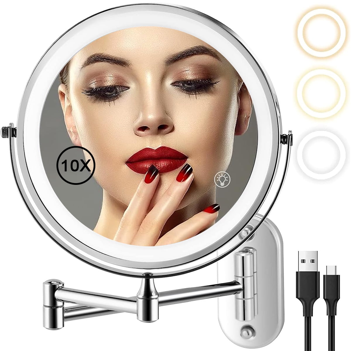 1 Pcs Rechargeable Wall Mounted Makeup Mirror, 8'' LED Vanity Mirror, Double-Sided 1X/10X Magnification, 3 Color Lights, Touch Screen Dimming, 360～ Swivel, Extendable, Perfect for Bathroom Vanity