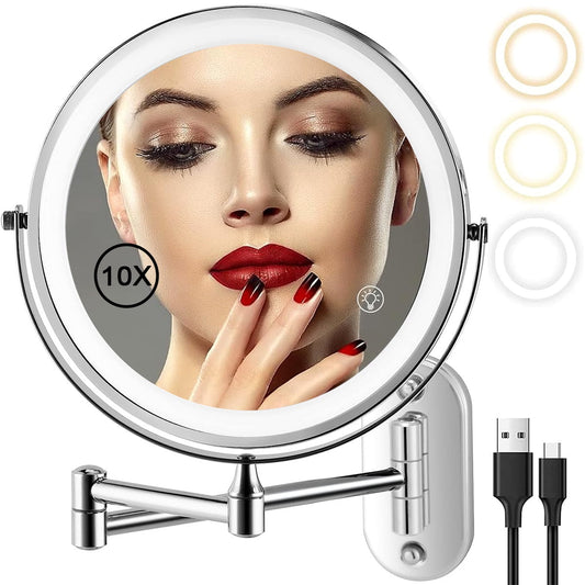 1 Pcs Rechargeable Wall Mounted Makeup Mirror, 8'' LED Vanity Mirror, Double-Sided 1X/10X Magnification, 3 Color Lights, Touch Screen Dimming, 360～ Swivel, Extendable, Perfect for Bathroom Vanity