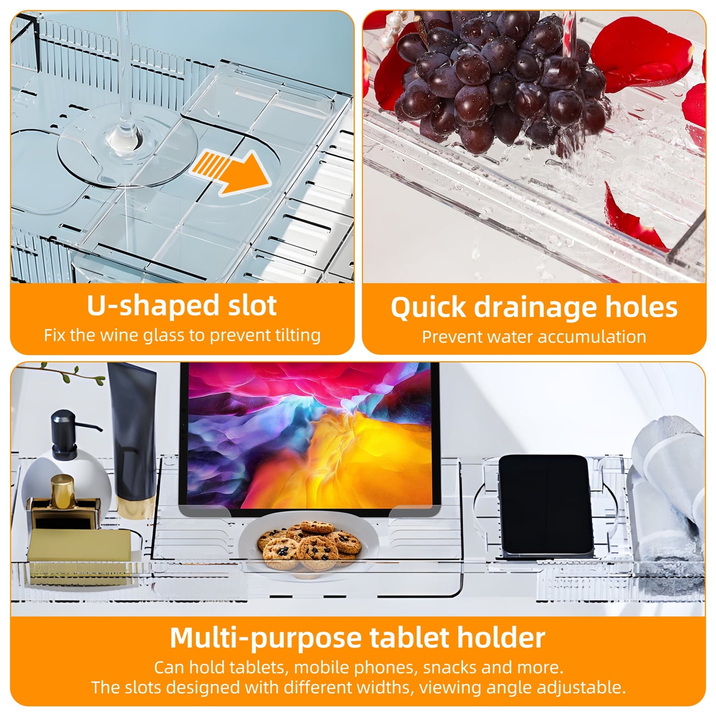 Bathtub Caddy Tray, Adjustable Bath Tray for Tub, Clear Tub Caddy Tray with Tablet PC Holder ＆ Wine Glass Holder, Tub Caddy for Bathroom Luxury Spa, Fits Most Tubs