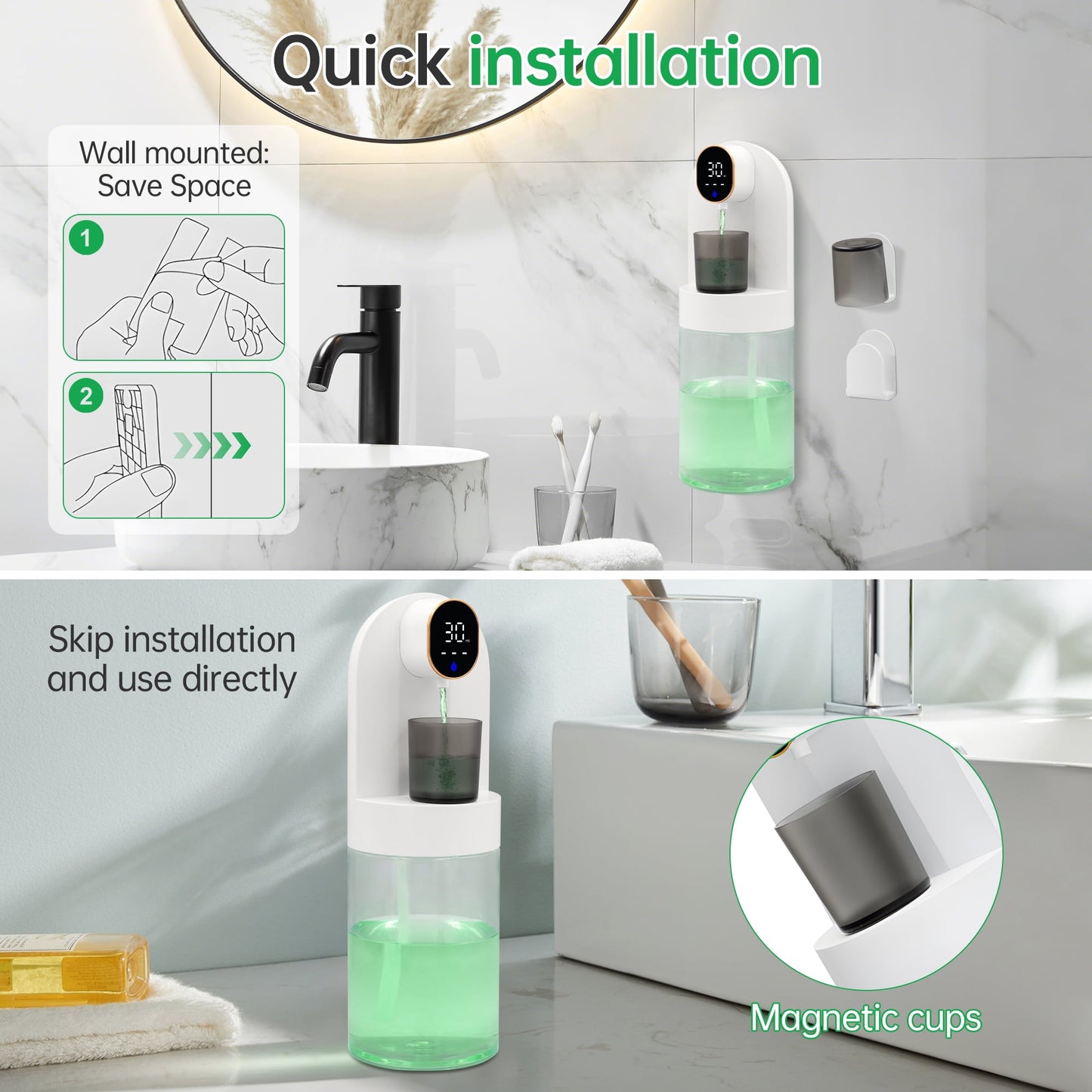 Automatic Mouthwash Dispenser for Bathroom, 20oz /600ml Rechargeable Electric Mouthwash Dispenser with Magnetic Cups, 180-Day Battery life, 4 Dispensing Levels, Wall Mounted ＆ Countertop Use